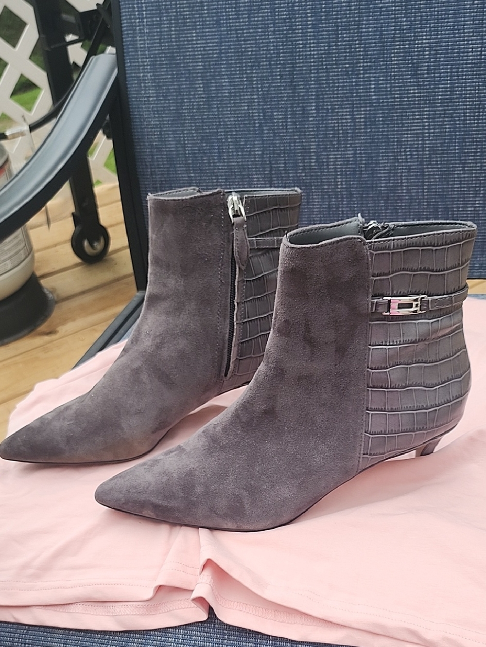 Talbots Gray Suede Pointed Ankle Booties with Croc-Embossed Heel